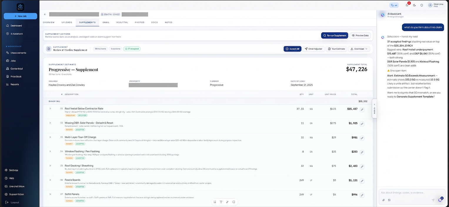 RoofGenius supplement workspace with claim line items